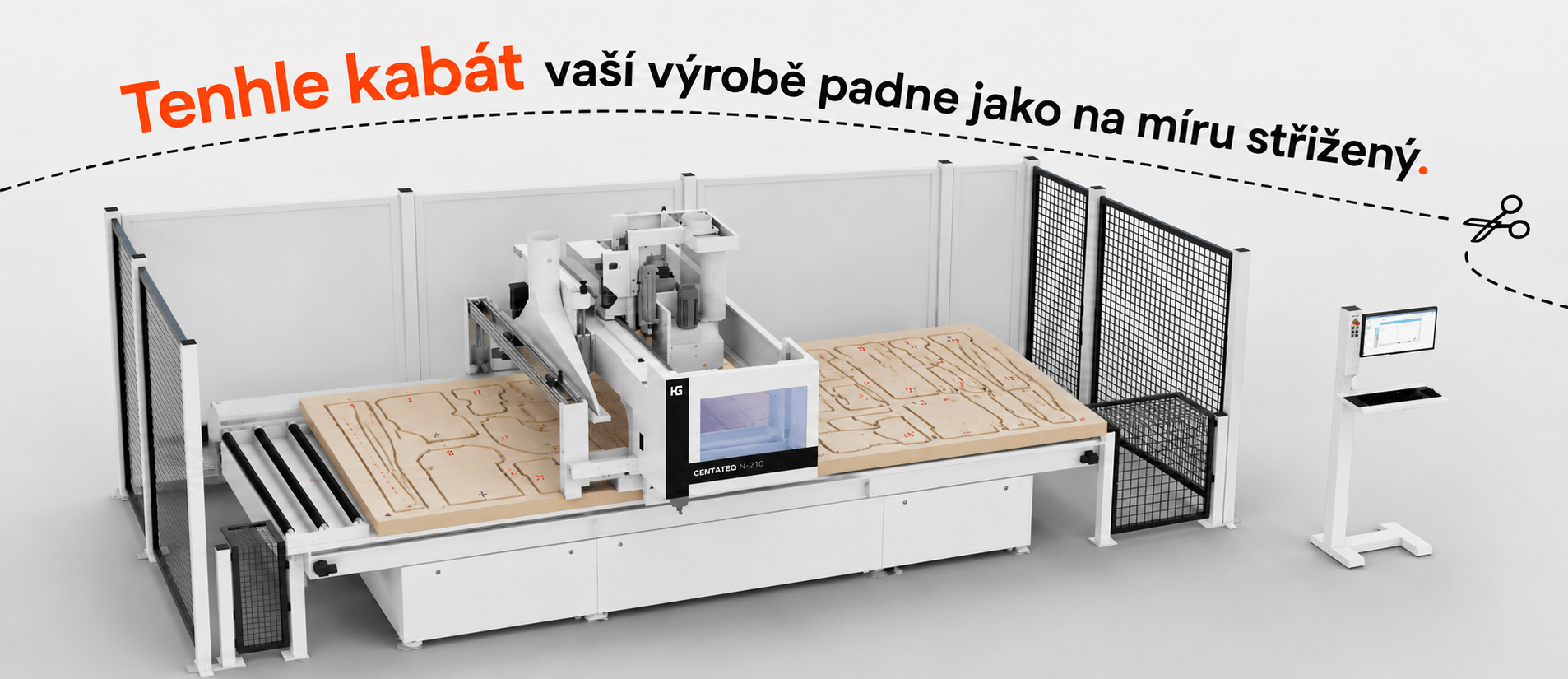 Nestingové CNC centrum CENTATEQ N-210 s motivem krejčovského střihu na desce